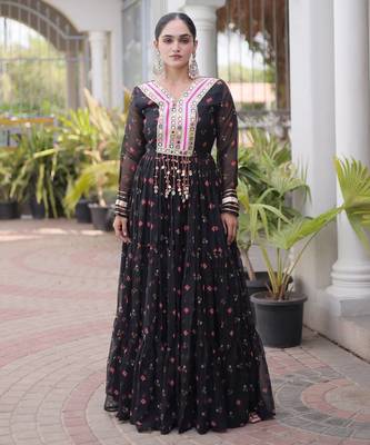 Black laheriya print with patchwork faux georgette anarkali gown 1