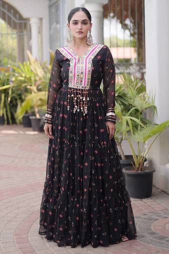 Black laheriya print with patchwork faux georgette anarkali gown