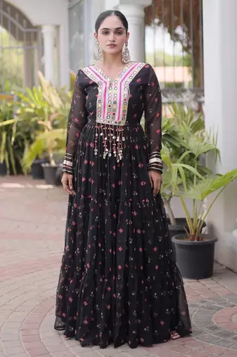 Black laheriya print with patchwork faux georgette anarkali gown