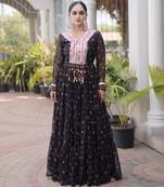 Black laheriya print with patchwork faux georgette anarkali gown