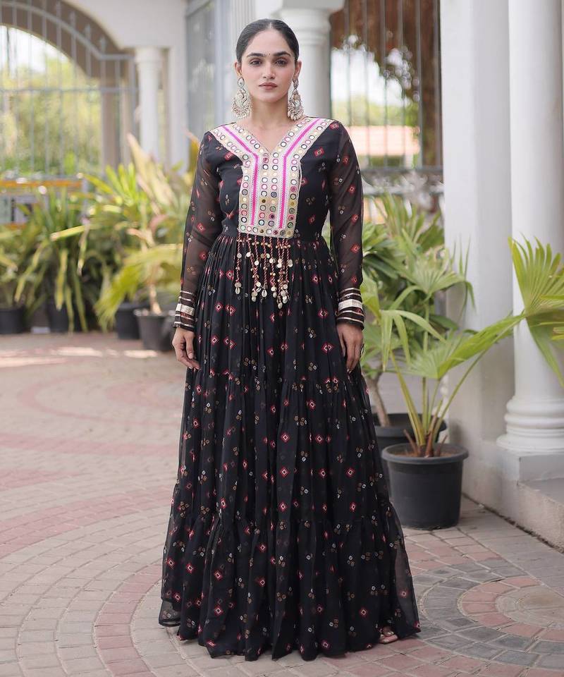 Black laheriya print with patchwork faux georgette anarkali gown
