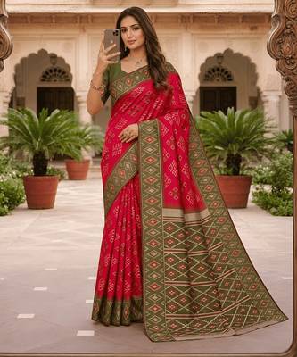 Pink art silk ikkat and patola weaving concept saree & contrast blouse 4