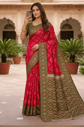 Pink art silk ikkat and patola weaving concept saree & contrast blouse