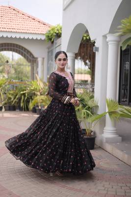 Black laheriya print with patchwork faux georgette anarkali gown 2