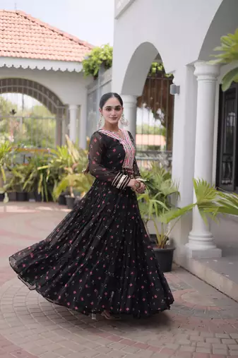 Black laheriya print with patchwork faux georgette anarkali gown