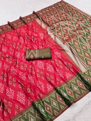 Pink art silk ikkat and patola weaving concept saree & contrast blouse 5
