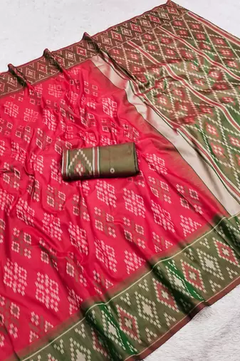 Pink art silk ikkat and patola weaving concept saree & contrast blouse