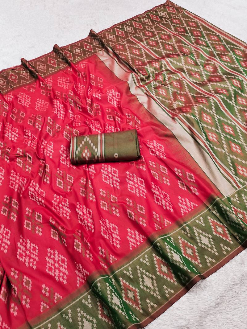Pink art silk ikkat and patola weaving concept saree & contrast blouse