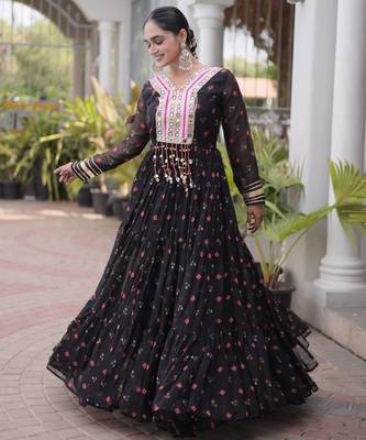 Black laheriya print with patchwork faux georgette anarkali gown 3