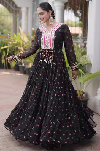 Black laheriya print with patchwork faux georgette anarkali gown