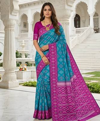 Sea green art silk ikkat and patola weaving concept saree & contrast blouse 1