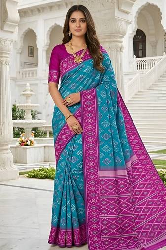 Sea green art silk ikkat and patola weaving concept saree & contrast blouse