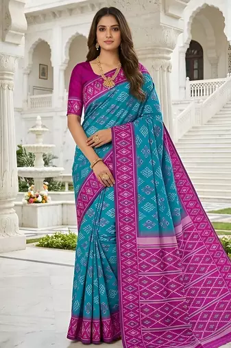 Sea green art silk ikkat and patola weaving concept saree & contrast blouse