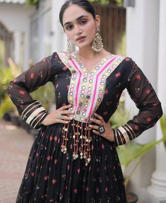 Black laheriya print with patchwork faux georgette anarkali gown 4