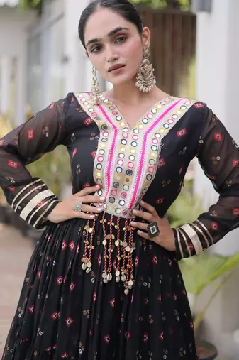 Black laheriya print with patchwork faux georgette anarkali gown