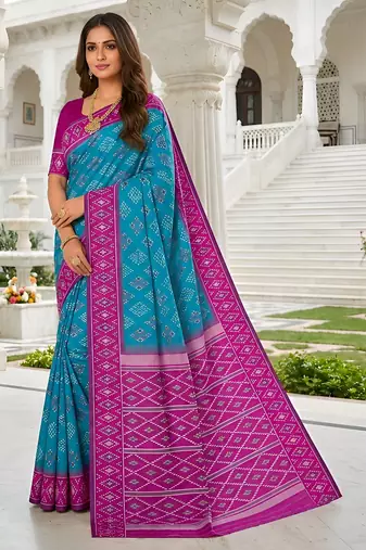 Sea green art silk ikkat and patola weaving concept saree & contrast blouse