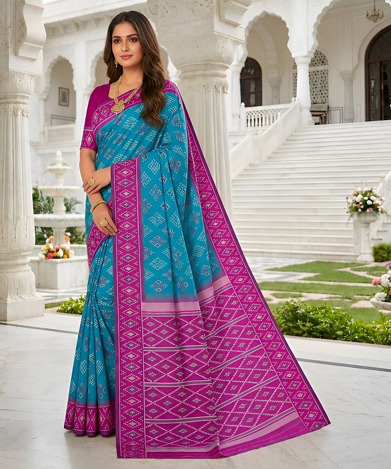 Sea green art silk ikkat and patola weaving concept saree & contrast blouse