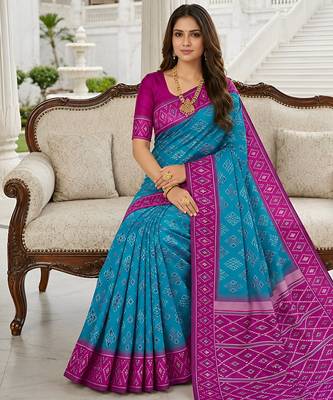 Sea green art silk ikkat and patola weaving concept saree & contrast blouse 3