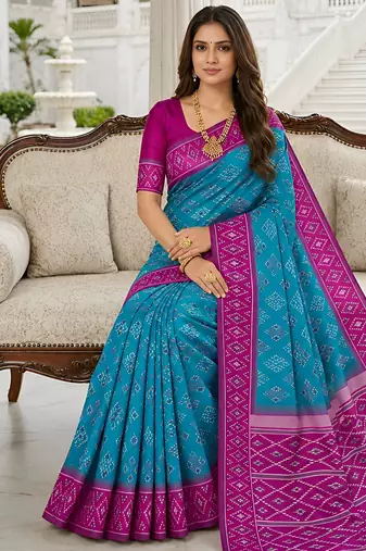 Sea green art silk ikkat and patola weaving concept saree & contrast blouse