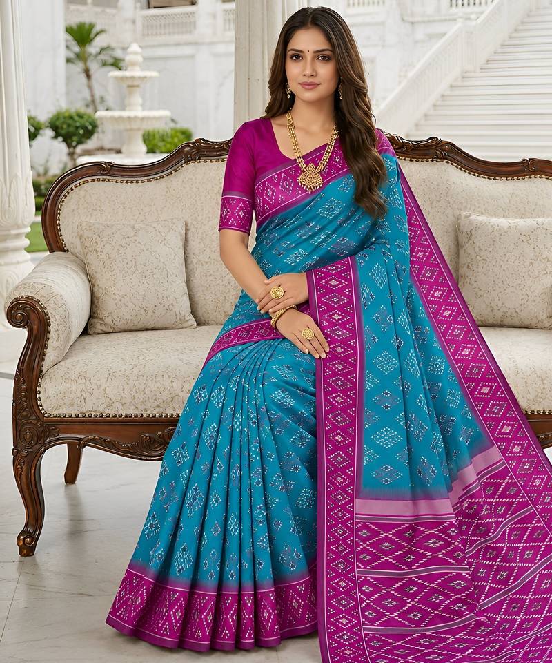 Sea green art silk ikkat and patola weaving concept saree & contrast blouse