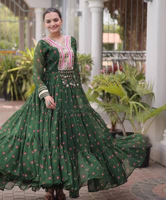 Bottle green laheriya print with patchwork faux georgette anarkali gown 1