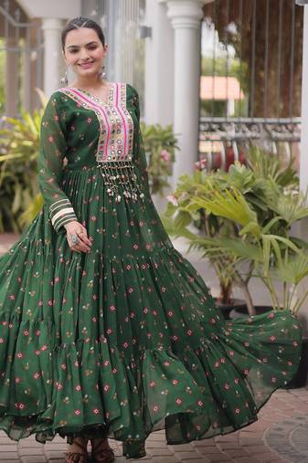 Bottle green laheriya print with patchwork faux georgette anarkali gown