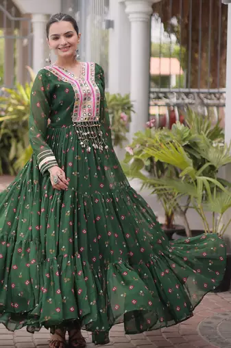 Bottle green laheriya print with patchwork faux georgette anarkali gown