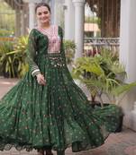 Bottle green laheriya print with patchwork faux georgette anarkali gown