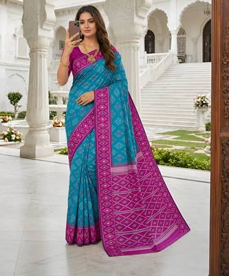 Sea green art silk ikkat and patola weaving concept saree & contrast blouse 4