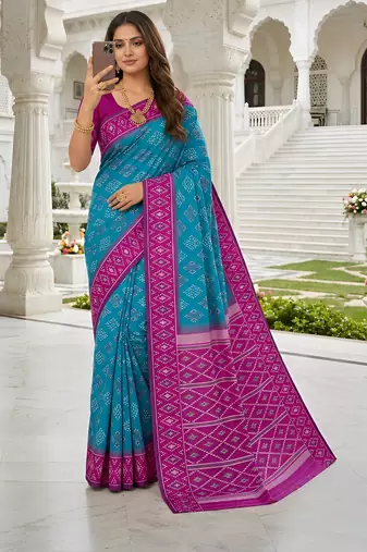 Sea green art silk ikkat and patola weaving concept saree & contrast blouse