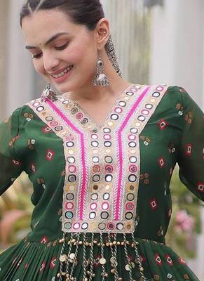 Bottle green laheriya print with patchwork faux georgette anarkali gown 2