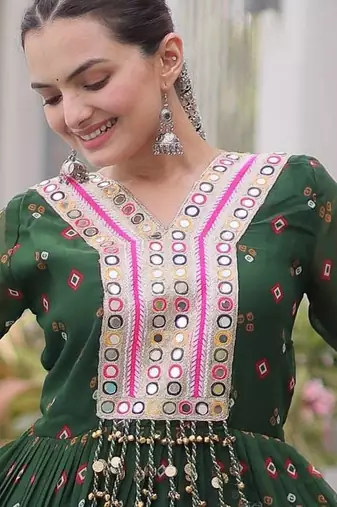Bottle green laheriya print with patchwork faux georgette anarkali gown