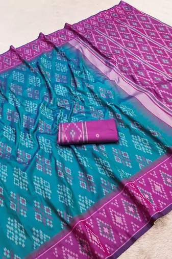 Sea green art silk ikkat and patola weaving concept saree & contrast blouse