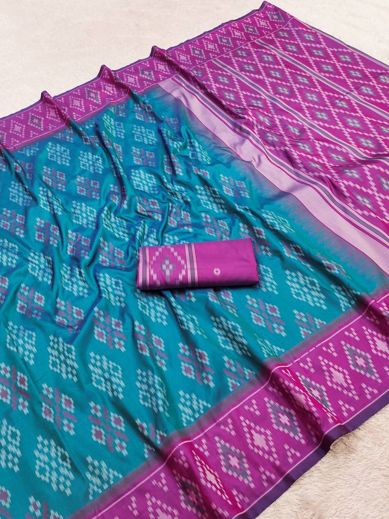 Sea green art silk ikkat and patola weaving concept saree & contrast blouse