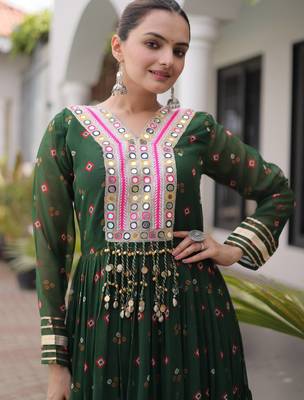 Bottle green laheriya print with patchwork faux georgette anarkali gown 3