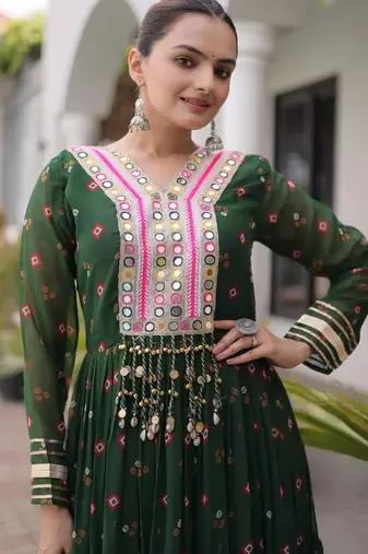 Bottle green laheriya print with patchwork faux georgette anarkali gown