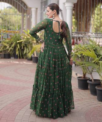 Bottle green laheriya print with patchwork faux georgette anarkali gown 4
