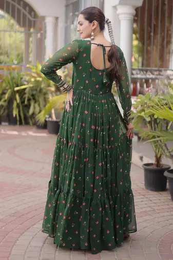 Bottle green laheriya print with patchwork faux georgette anarkali gown