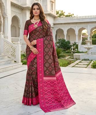 Green art silk ikkat and patola weaving concept saree & contrast blouse 1