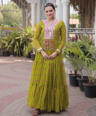 Parrot green laheriya print with patchwork faux georgette anarkali gown 1