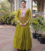 Parrot green laheriya print with patchwork faux georgette anarkali gown