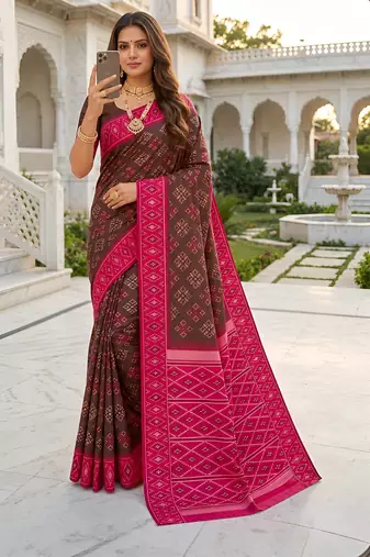 Green art silk ikkat and patola weaving concept saree & contrast blouse