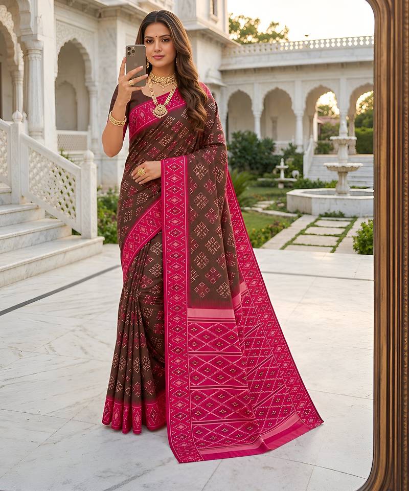 Green art silk ikkat and patola weaving concept saree & contrast blouse