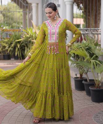 Parrot green laheriya print with patchwork faux georgette anarkali gown 2