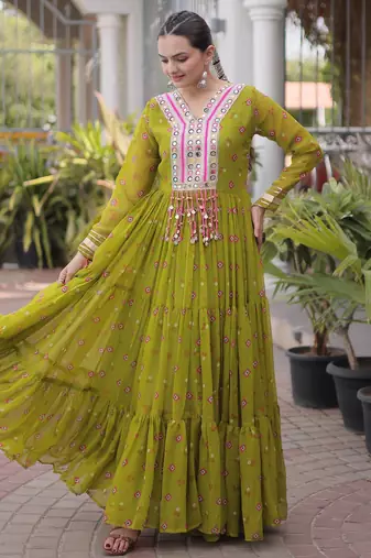 Parrot green laheriya print with patchwork faux georgette anarkali gown