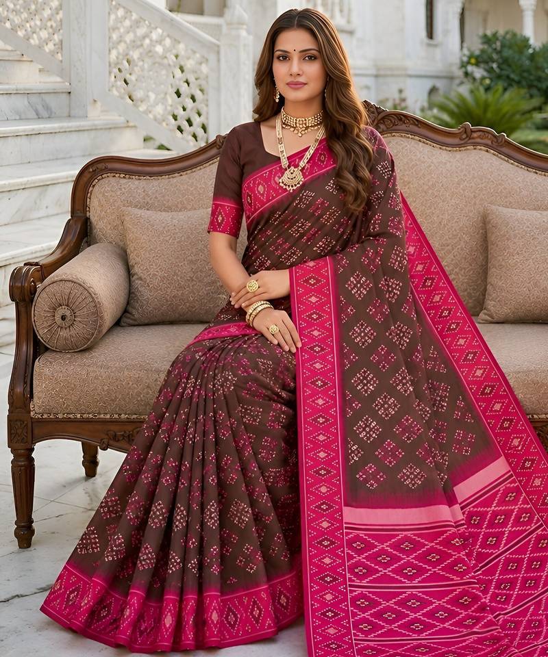 Green art silk ikkat and patola weaving concept saree & contrast blouse