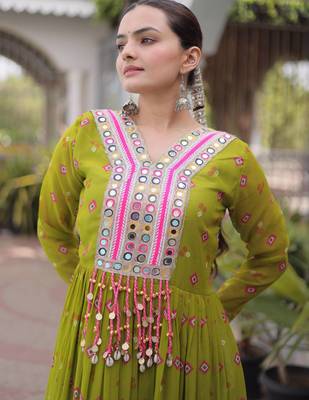 Parrot green laheriya print with patchwork faux georgette anarkali gown 3