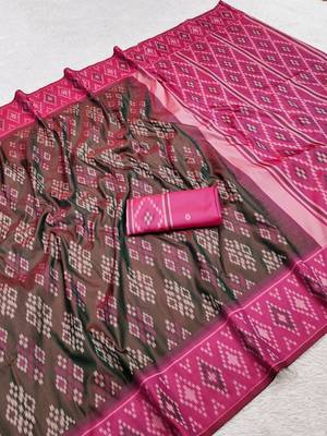 Green art silk ikkat and patola weaving concept saree & contrast blouse 5