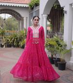 Pink green laheriya print with patchwork faux georgette anarkali gown