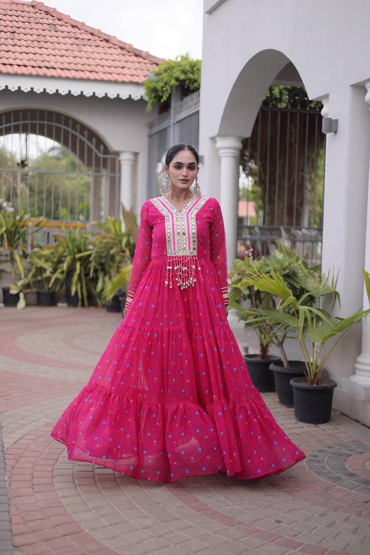 Pink green laheriya print with patchwork faux georgette anarkali gown